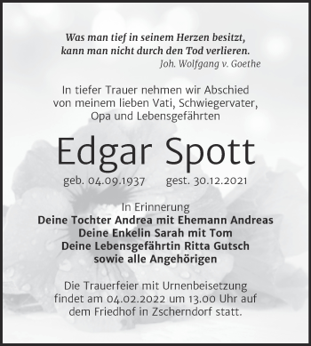 Traueranzeige von Edgar Spott von Trauerkombi Bitterfeld