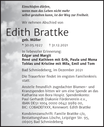 Traueranzeige von Edith Brattke von Trauerkombi Wittenberg