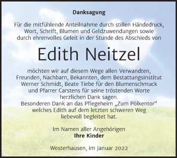 Traueranzeige von Edith Neitzel von Trauerkombi Quedlinburg