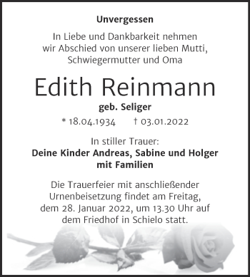 Traueranzeige von Edith Reinmann von Trauerkombi Quedlinburg