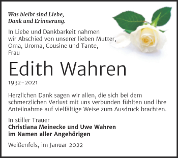 Traueranzeige von Edith Wahren von Trauerkombi Weißenfels