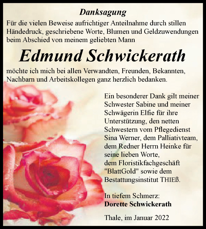  Traueranzeige für Edmund Schwickerath vom 22.01.2022 aus Trauerkombi Quedlinburg