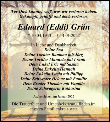 Traueranzeige von Eduard  Grün von Trauerkombi Aschersleben