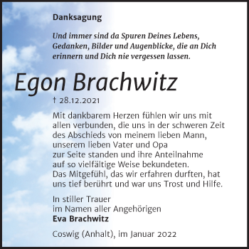 Traueranzeige von Egon Brachwitz von Trauerkombi Wittenberg