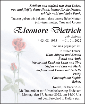 Traueranzeige von Eleonore Dietrich von Trauerkombi Sangerhausen