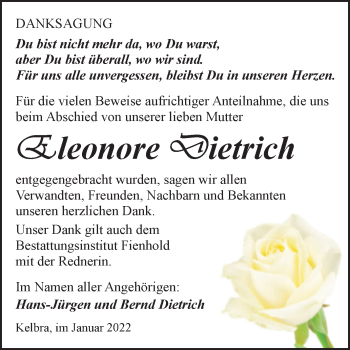 Traueranzeige von Eleonore Dietrich von Trauerkombi Sangerhausen
