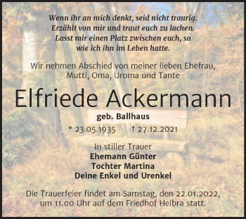 Traueranzeige von Elfriede Ackermann von Trauerkombi Mansfelder Land