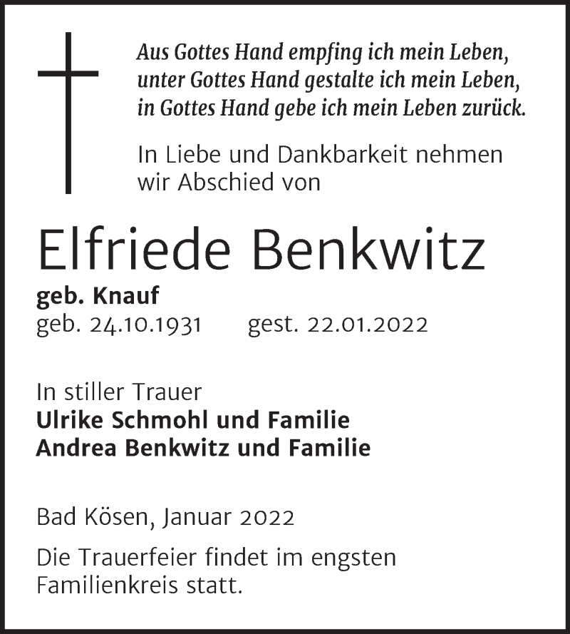  Traueranzeige für Elfriede Benkwitz vom 26.01.2022 aus Naumburger Tageblatt