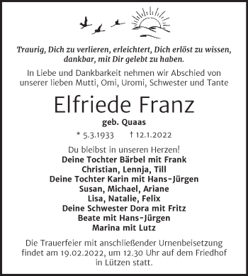 Traueranzeige von Elfriede Franz von Trauerkombi Weißenfels