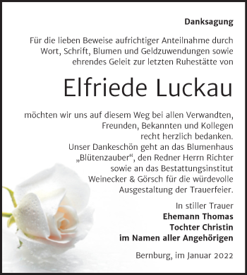 Traueranzeige von Elfriede Luckau von Trauerkombi Bernburg