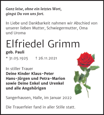Traueranzeige von Elfriedel Grimm von Trauerkombi Sangerhausen