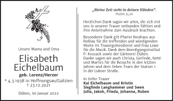 Traueranzeige von Elisabeth Eichelbaum von Trauerkombi Wittenberg