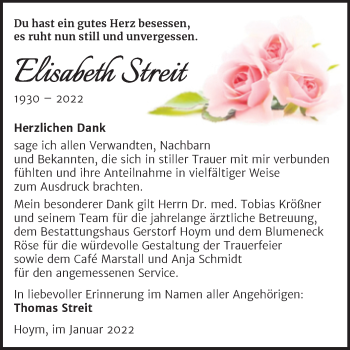 Traueranzeige von Elisabeth Streit von Trauerkombi Aschersleben