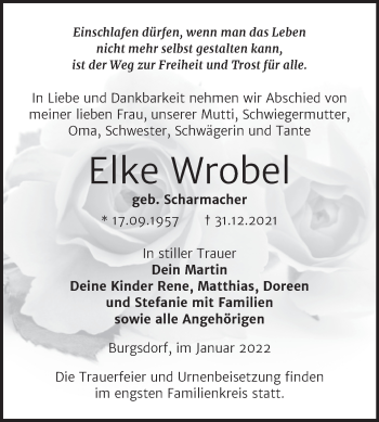 Traueranzeige von Elke Wrobel von Trauerkombi Mansfelder Land