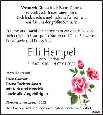 Traueranzeige von Elli Hempel von Trauerkombi Weißenfels