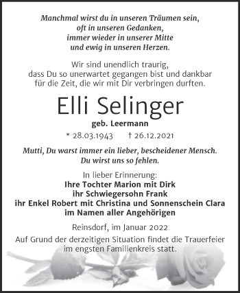 Traueranzeige von Elli Selinger von Wochenspiegel Naumburg/Nebra