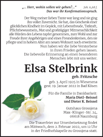 Traueranzeige von Elsa Stelbrink von Naumburger Tageblatt