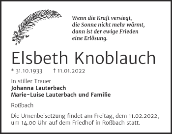 Traueranzeige von Elsbeth Knoblauch von Naumburger Tageblatt