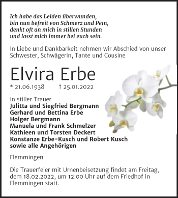 Traueranzeige von Elvira Erbe von Naumburger Tageblatt