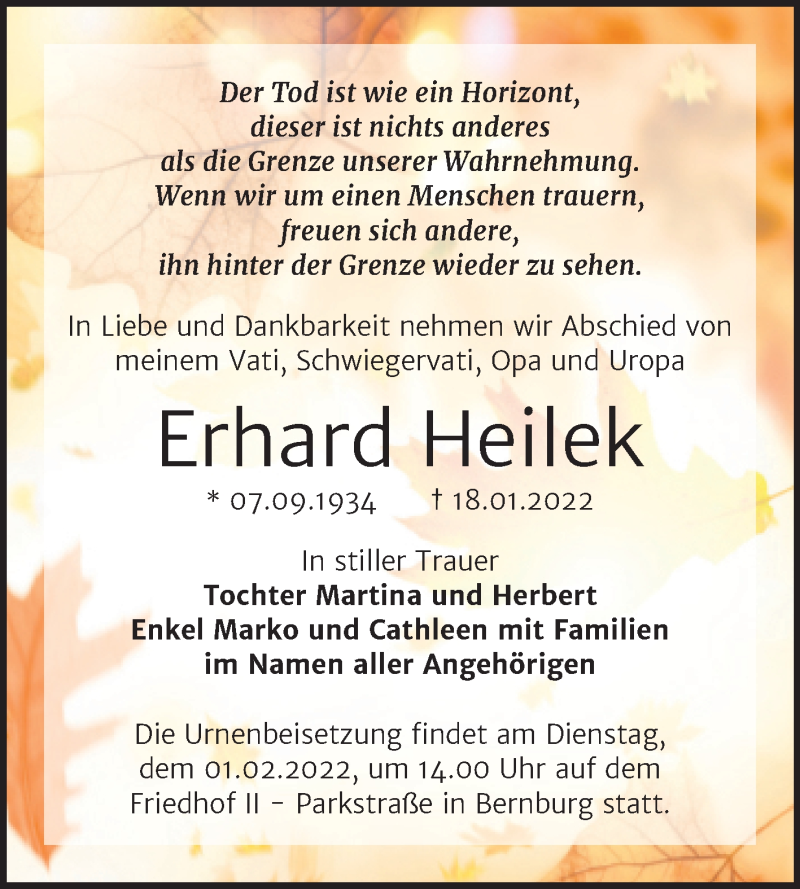  Traueranzeige für Erhard Heilek vom 22.01.2022 aus Trauerkombi Bernburg