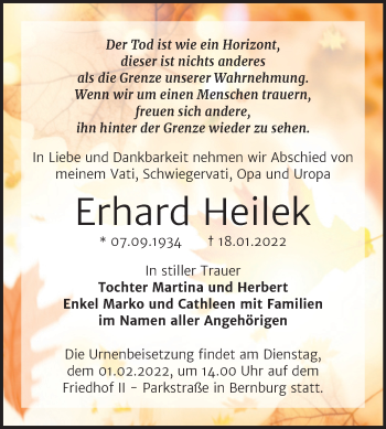 Traueranzeige von Erhard Heilek von Trauerkombi Bernburg