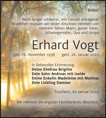 Traueranzeige von Erhard Vogt von Trauerkombi Weißenfels