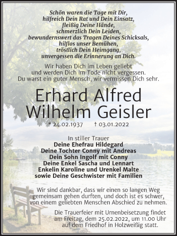 Traueranzeige von Erhard Alfred Wilhelm Geisler von Trauerkombi Bitterfeld