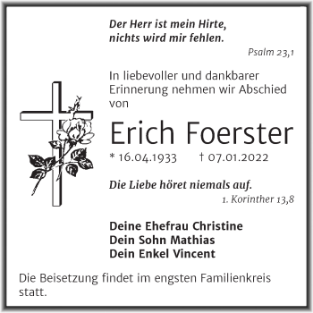 Traueranzeige von Erich Foerster von Trauerkombi Mansfelder Land
