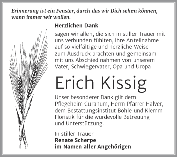 Traueranzeige von Erich Kissig von Trauerkombi Merseburg