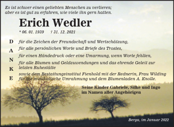 Traueranzeige von Erich Wedler von Trauerkombi Sangerhausen