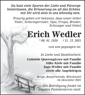 Traueranzeige von Erich Wedler von Trauerkombi Sangerhausen