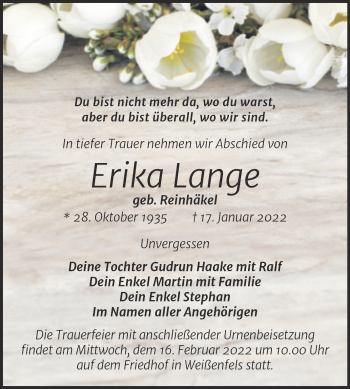 Traueranzeige von Erika Lange von Trauerkombi Weißenfels