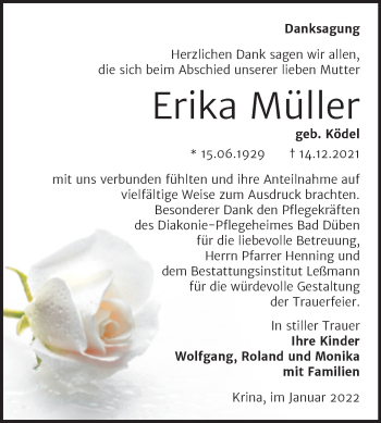 Traueranzeige von Erika Müller von Trauerkombi Bitterfeld