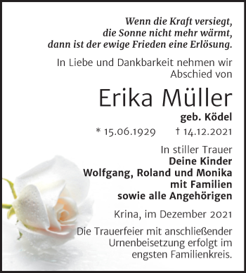 Traueranzeige von Erika Müller von Mitteldeutsche Zeitung Bitterfeld