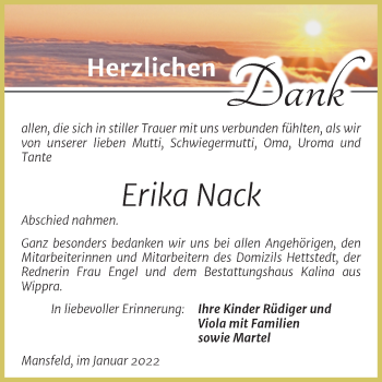 Traueranzeige von Erika Nack von Trauerkombi Mansfelder Land