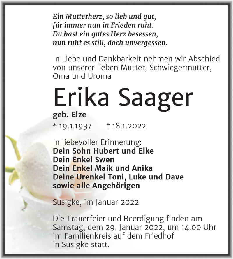  Traueranzeige für Erika Saager vom 29.01.2022 aus Trauerkombi Köthen