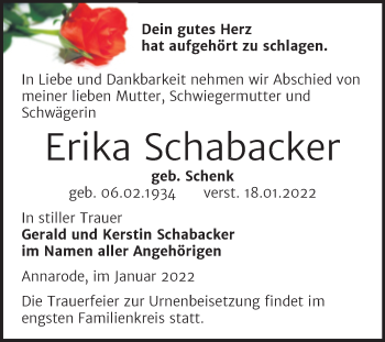 Traueranzeige von Erika Schabacker von Trauerkombi Mansfelder Land