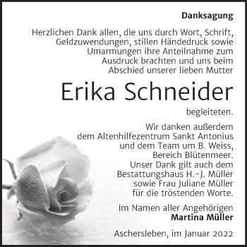 Traueranzeige von Erika Schneider von Trauerkombi Aschersleben