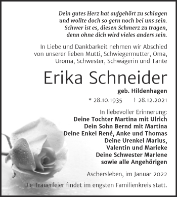 Traueranzeige von Erika Schneider von Trauerkombi Aschersleben