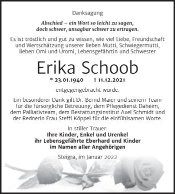 Traueranzeige von Erika Schoob von Trauerkombi Merseburg