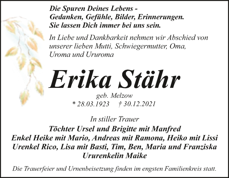  Traueranzeige für Erika Stähr vom 15.01.2022 aus Trauerkombi Dessau