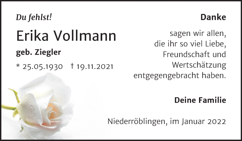  Traueranzeige für Erika Vollmann vom 15.01.2022 aus Mitteldeutsche Zeitung Sangerhausen
