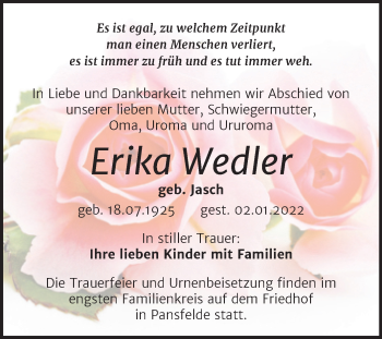Traueranzeige von Erika Wedler von Trauerkombi Quedlinburg
