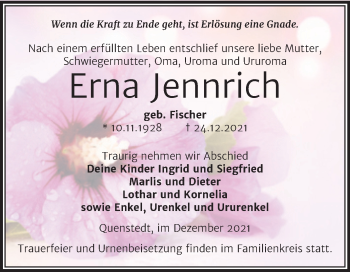Traueranzeige von Erna Jennrich von Trauerkombi Aschersleben