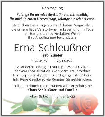 Traueranzeige von Erna Schleußner von Mitteldeutsche Zeitung Köthen