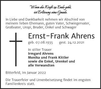 Traueranzeige von Ernst-Frank Ahrens von Trauerkombi Bitterfeld