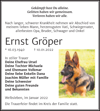 Traueranzeige von Ernst Gröper von Trauerkombi Aschersleben