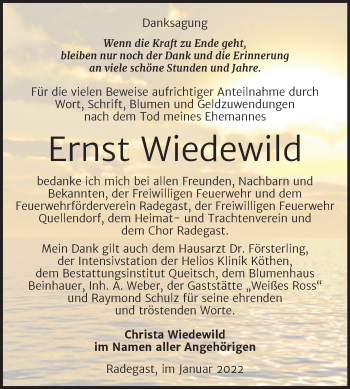 Traueranzeige von Ernst Wiedewild von Trauerkombi Köthen