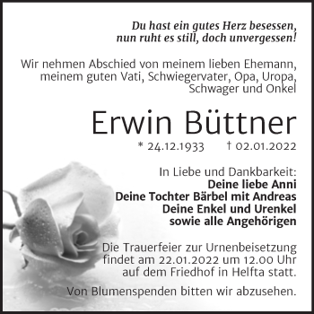 Traueranzeige von Erwin Büttner von Trauerkombi Mansfelder Land