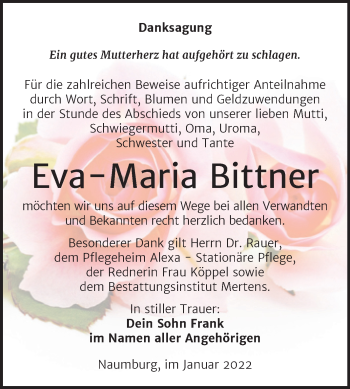 Traueranzeige von Eva-Maria Bittner von Wochenspiegel Naumburg/Nebra